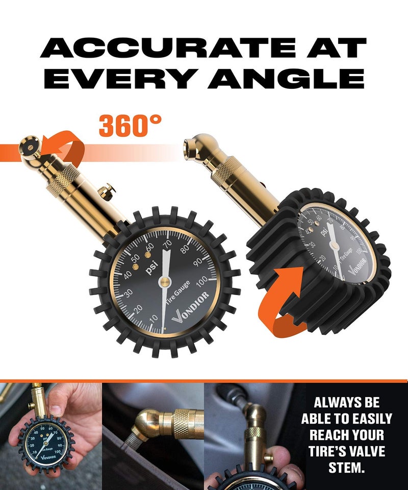 Vondior Tire Pressure Gauge (0-100 PSI) Heavy Duty  Certified ANSI Accurate with Large 2 Inch Easy to Read Glow Dial  Low - High Air Pressure Gauge. Tire Gauge for Car and Trucks Tires - Image 3